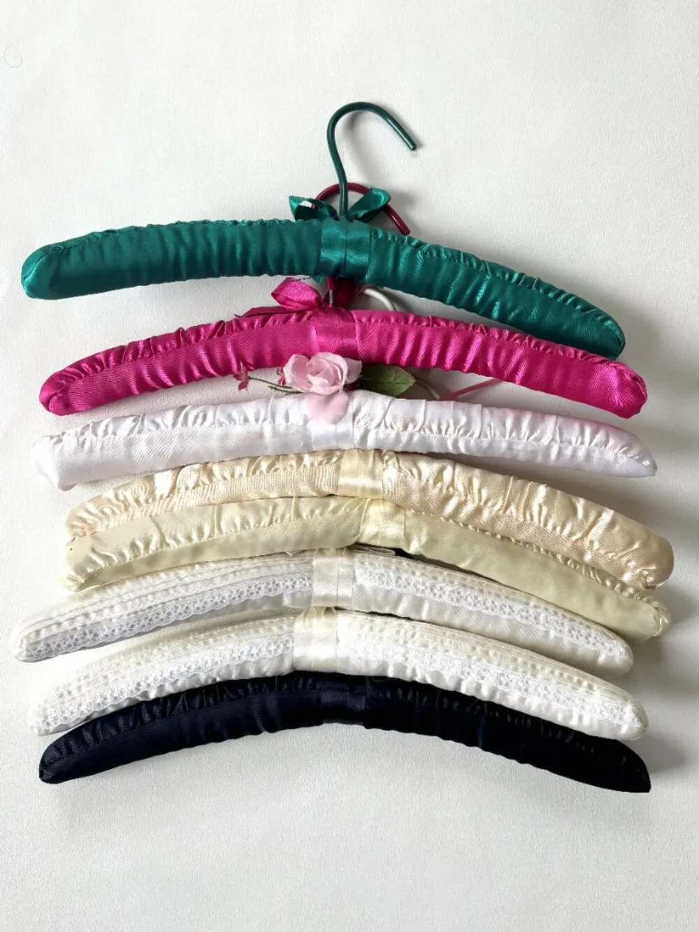 8 Vintage Padded Hangers Satin Lace Ribbon White Pink Cream Green Black